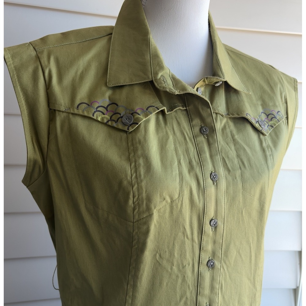 Skunkfunk Green Shirt Dress Pockets Scallop accents Art To Wear Sheath M/L READ